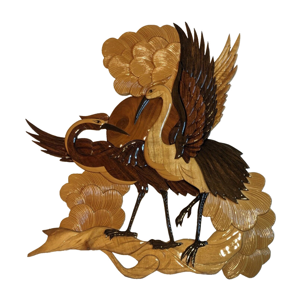 Intarsia Wood Art Hand Carved 3D Stork Crane Sun Clouds Branch Wall Décor Plaque